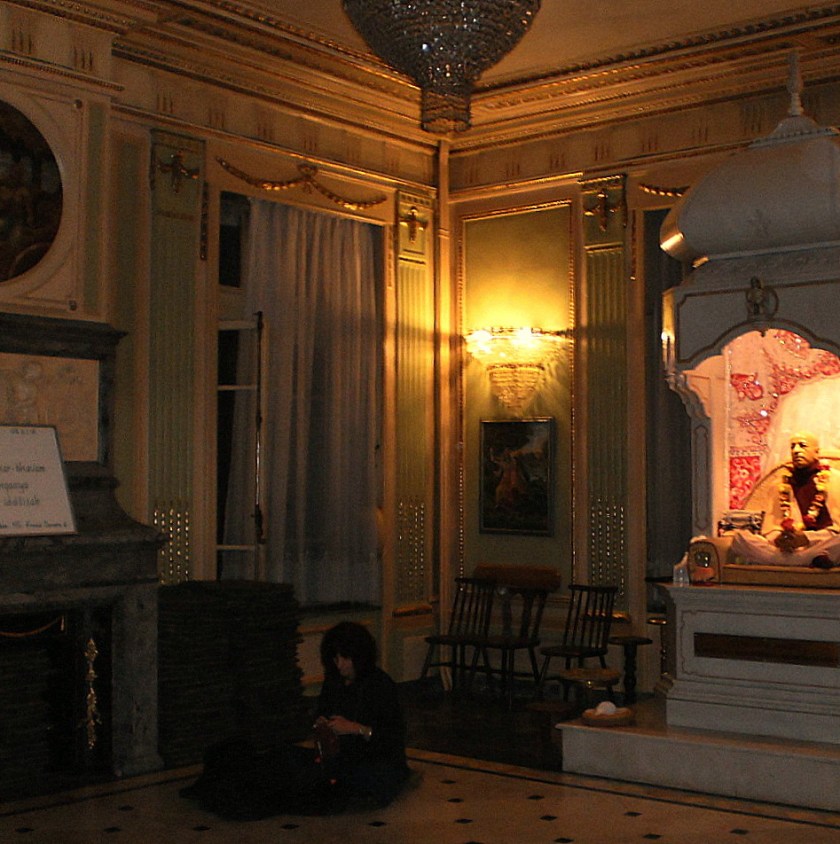 A corner of the main temple room, with the murti of His Divine Grace A.C. Bhaktivedanta Swami Prabhupada